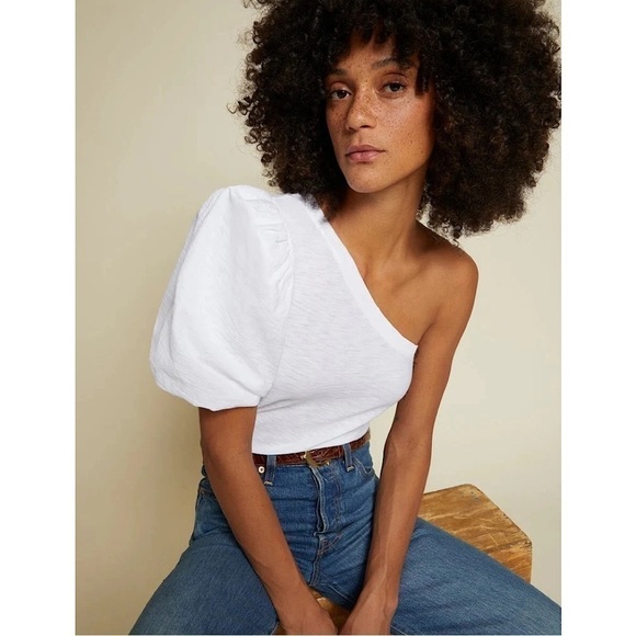 NATION LTD - Raina Balloon Sleeve One Shoulder Tee in White - Picture 1 of 10